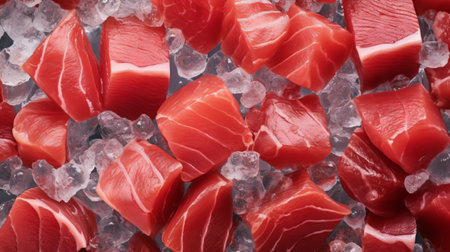 Raw fresh tuna fish pieces on ice cubes as background, top viewの素材
