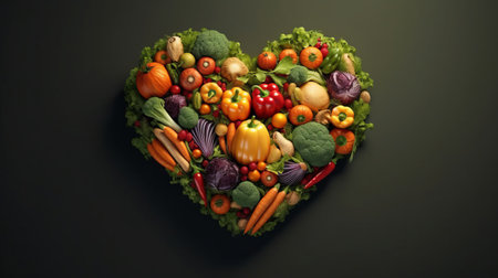 Heart shape made of vegetables on dark background. Healthy food concept.の素材