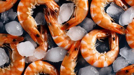 Shrimps on ice cubes, top view. Seafood backgroundの素材