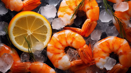 Shrimps on ice with lemon and rosemary, top viewの素材