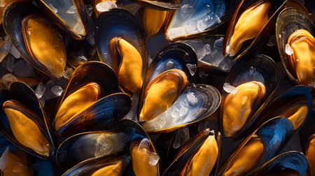 Fresh mussels in ice on a market stall, close-upの素材