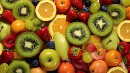 Fruits and berries background. Top view. Healthy food concept.の素材