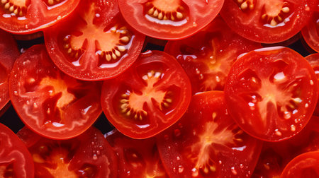 Tomato slices with water drops on a dark background. Top view.の素材
