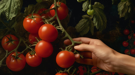 Female hand holding a bunch of red tomatoes on a dark background.の素材