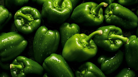 Green bell peppers background. Close up of fresh green bell pepper.の素材