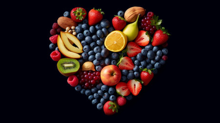 Heart shape made of fruits and berries on black background. Healthy food concept.の素材