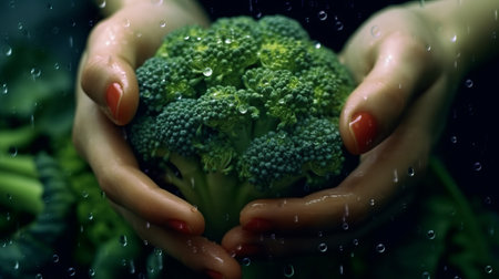 Female hands holding fresh green broccoli with drops of water on dark backgroundの素材