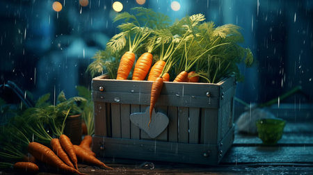 Fresh carrots in a wooden box on a wooden table in the rainの素材