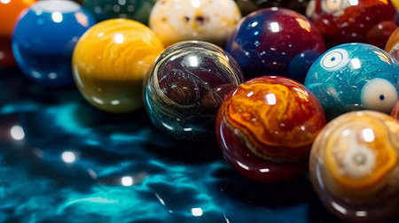 Colorful marbles on a dark blue background. Close up.の素材