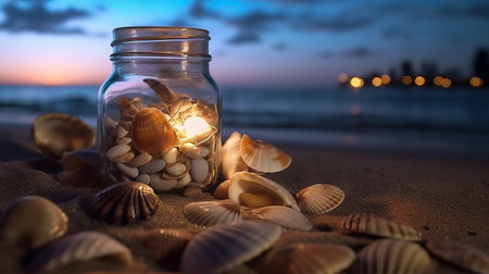 Glass jar with seashells on the sandy beach at sunset.の素材