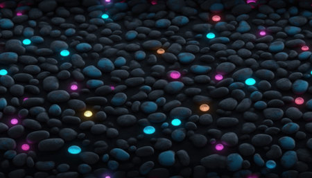 Abstract dark background with blue and pink glowing stones.の素材