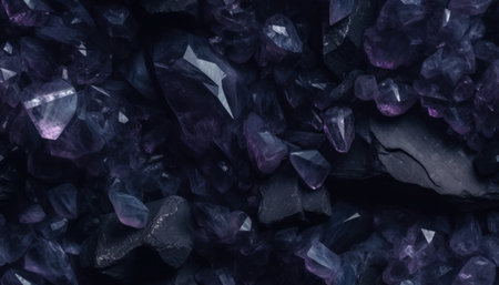 close up of crystals of amethyst on a black background, top viewの素材
