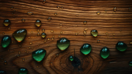 Wooden background with drops of water on it, close-upの素材
