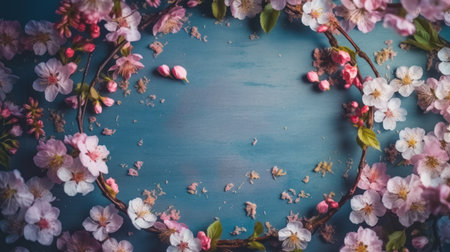 Beautiful cherry blossom frame on blue wooden background, top view, copy spaceの素材