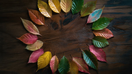 Colorful autumn leaves on a wooden background with copy space. Top viewの素材