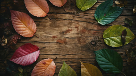 Autumn leaves on wooden background with copy space. Autumn concept.の素材
