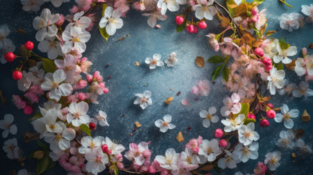 Cherry blossom frame on blue background with copy space, top viewの素材
