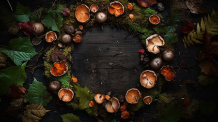 Autumn leaves and mushrooms on dark wooden background. Top view.の素材