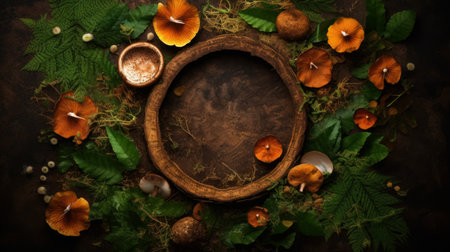 Autumn leaves, pumpkins and acorns on a dark backgroundの素材