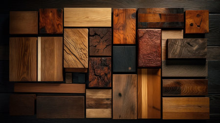 Set of different wooden cubes on a dark wooden background. View from above.の素材