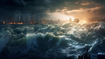Sea storm at night. Mixed media. Mixed media. Mixed mediaの素材