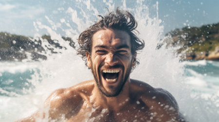 Portrait of a happy young man laughing while splashing water on the beachの素材