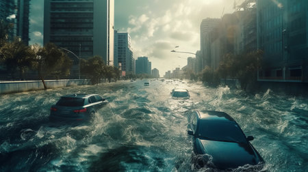High-rise buildings and high-rise buildings are flooded with water.の素材