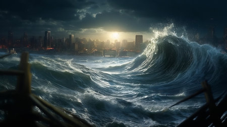 Big wave breaking on the pier at night.の素材
