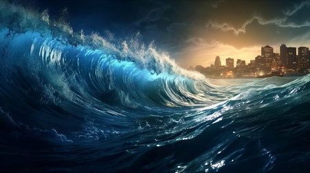 Blue ocean wave with cityscape on background.の素材