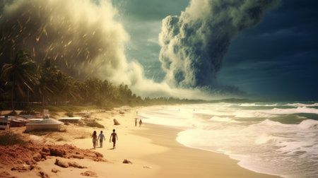 Tropical beach with palm trees and stormy sky, panoramaの素材