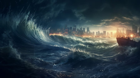 Surf wave breaking on the city at night.の素材