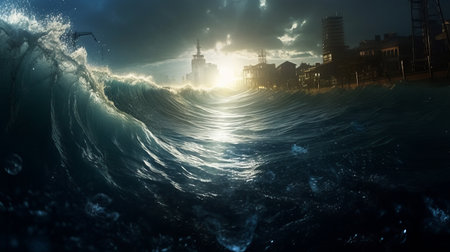 Surf wave in ocean at sunset. illustration.の素材