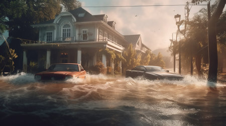 Car driving on a flood in the city of Bangkok, Thailand.の素材