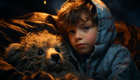 Cute little boy with dog in bed at night. Selective focus.の素材