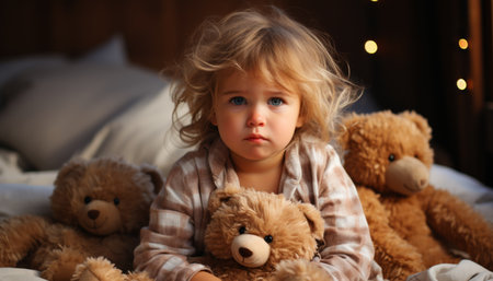 Little girl with teddy bear in bed at home. Cute child with toy.の素材