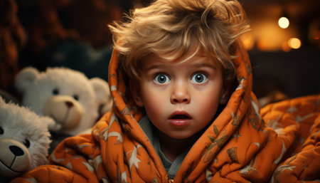Portrait of a cute little boy with blond hair and blue eyes in a warm orange blanket on a bed.の素材