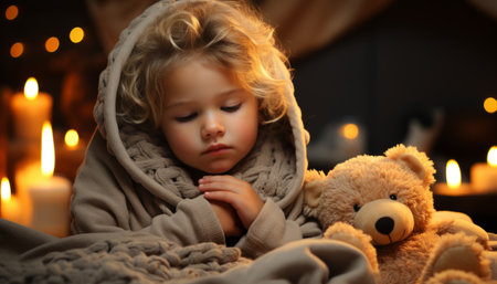 Cute little child with teddy bear in room decorated for Christmasの素材