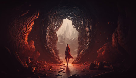 An ancient or alien portal to another dimension. Future cyber technology time machine. Stalker enters another world. Parallel dimension timeline concept. Generative AIの素材