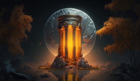 Pillar in the autumn forest. Computer digital drawing.の素材