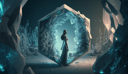 An ancient or alien portal to another dimension. Future cyber technology time machine. Stalker enters another world. Parallel dimension timeline concept. Generative AIの素材