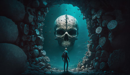 An ancient or alien portal to another dimension. Future cyber technology time machine. Stalker enters another world. Parallel dimension timeline concept. Generative AIの素材