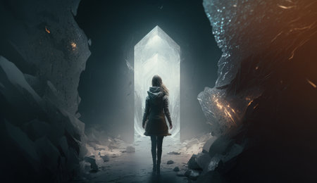 An ancient or alien portal to another dimension. Future cyber technology time machine. Stalker enters another world. Parallel dimension timeline concept. Generative AIの素材