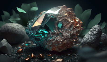 raw crystalline gem mined in a borehole. Nuggets: emerald, ruby, diamond, quartz.の素材