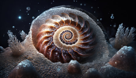 fossilized crystalline ammonite from different gems and ore, sapphire and aquamarine.の素材