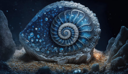 fossilized crystalline ammonite from different gems and ore, sapphire and aquamarine.の素材