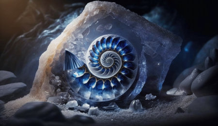 fossilized crystalline ammonite from different gems and ore, sapphire and aquamarine.の素材