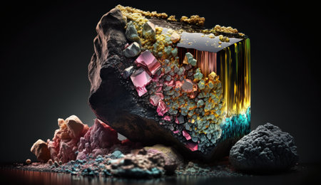 raw crystalline gem mined in a borehole. Nuggets: emerald, ruby, diamond, quartz.の素材