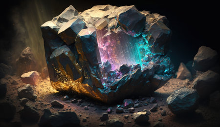 raw crystalline gem mined in a borehole. Nuggets: emerald, ruby, diamond, quartz. Created with AI.の素材