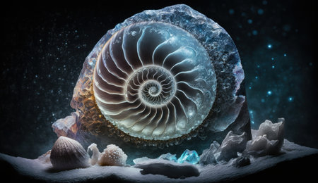 fossilized crystalline ammonite from different gems and ore, sapphire and aquamarine. Created with AI.の素材