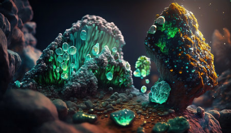 raw crystalline gem mined in a borehole. Nuggets: emerald, ruby, diamond, quartz. Created with AI.の素材
